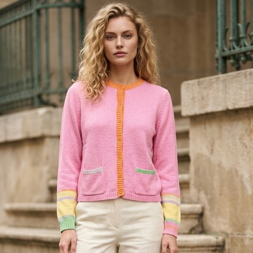 Orvis Pink‎ Colorblock Button Front Cardigan Sweater Pastel Striped Cuffs  S